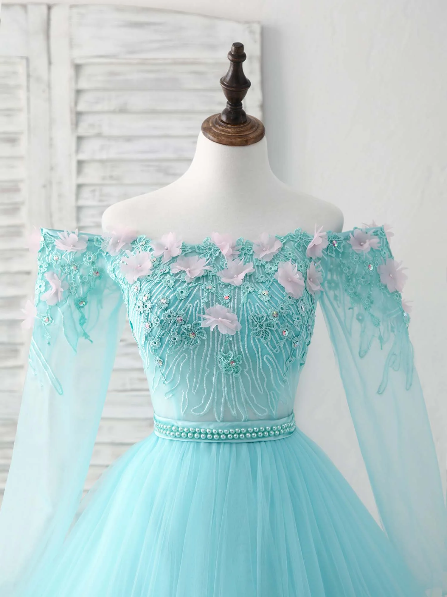Unique Tulle Lace Applique Long Prom Dress, Green Evening Dress - Deanwangkt