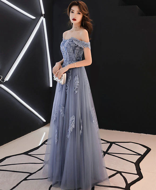 Gray Blue Tulle Lace Long Prom Dress, Gray Blue Tulle Evening Dress - Deanwangkt