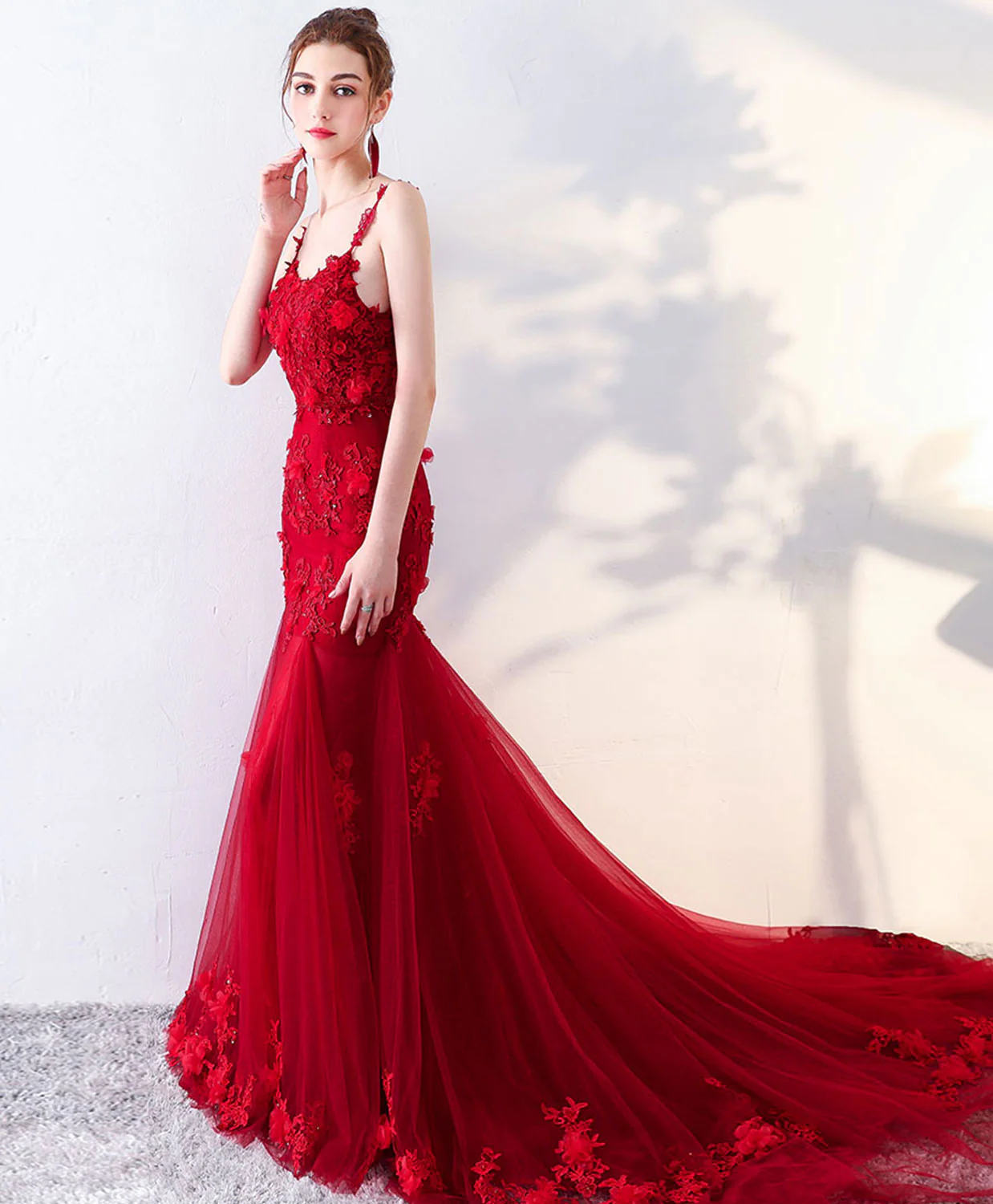 Burgundy Mermaid Long Prom Dress, Lace Mermaid Lace Long Evening Dress - Deanwangkt