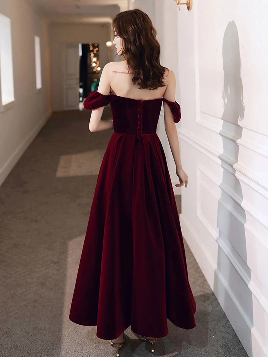 Simple Velvet Tea Length Prom Dresses, Burgundy Velvet Evening Dresses - Deanwangkt