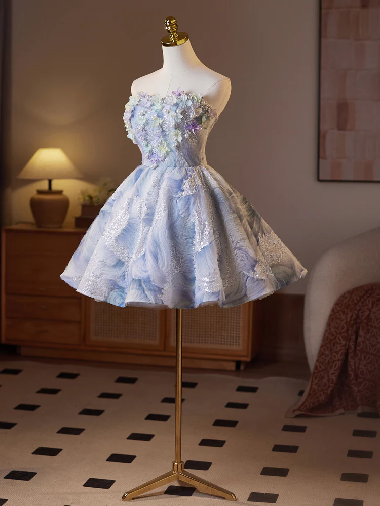 A-Line  Sweetheart Neck Flower Blue Short Prom Dress, Blue Homecoming Dress - Deanwangkt