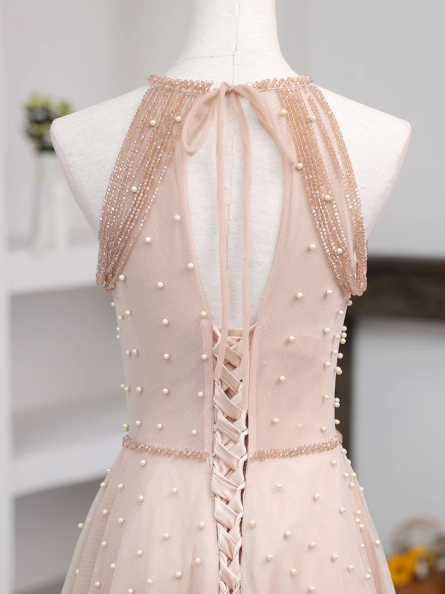 Champagne Pink Long Prom Dress, A Line Tulle Formal Dress Graduation Dresses - Deanwangkt