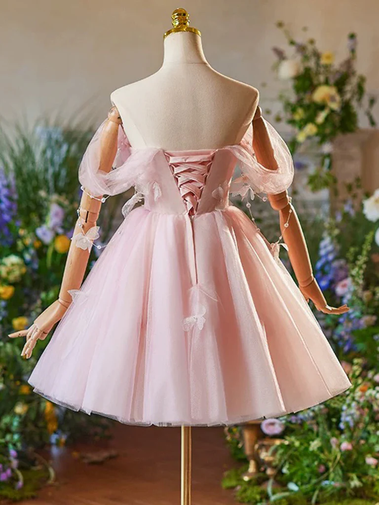 A-Line Off Shoulder Tulle Pink Short Prom Dress, Pink Homecoming Dress - Deanwangkt