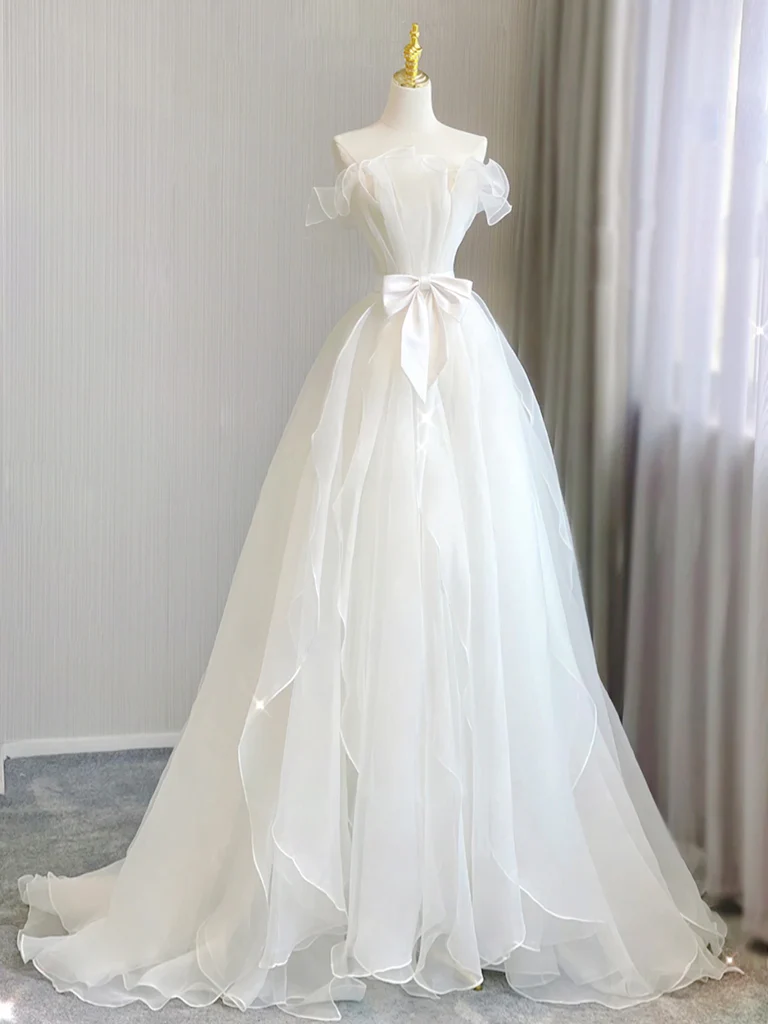 A-Line Organza White Long Prom Dress, White Long Formal Dress - Deanwangkt