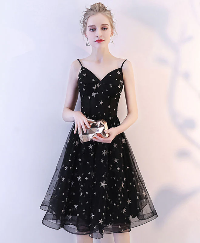 Black V Neck Tulle Short Prom Dress, Black Homecoming Dress - Deanwangkt