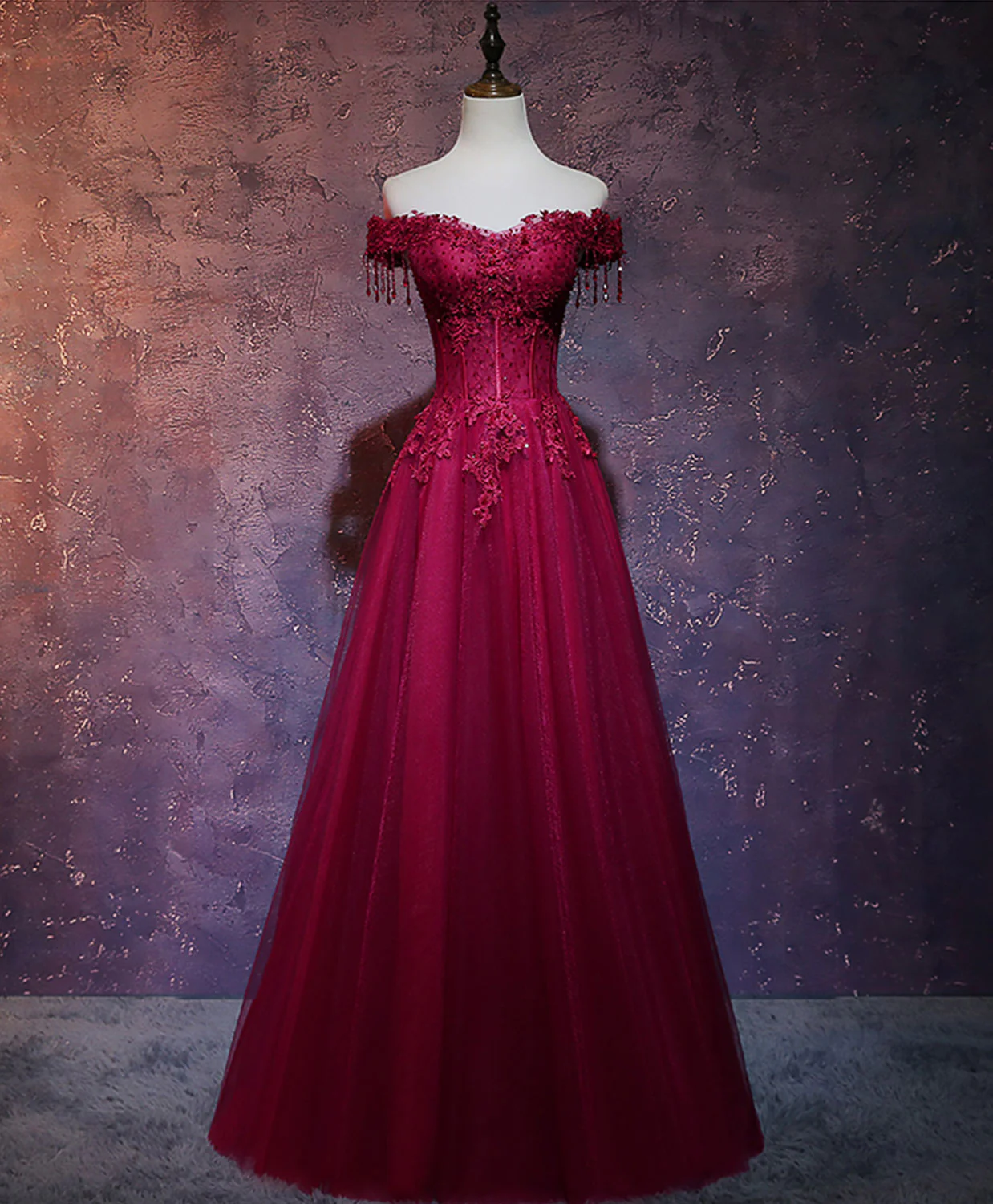 Burgundy Tulle Lace Off Shoulder Long Prom Dress Burgundy Lace Evening Dress - Deanwangkt
