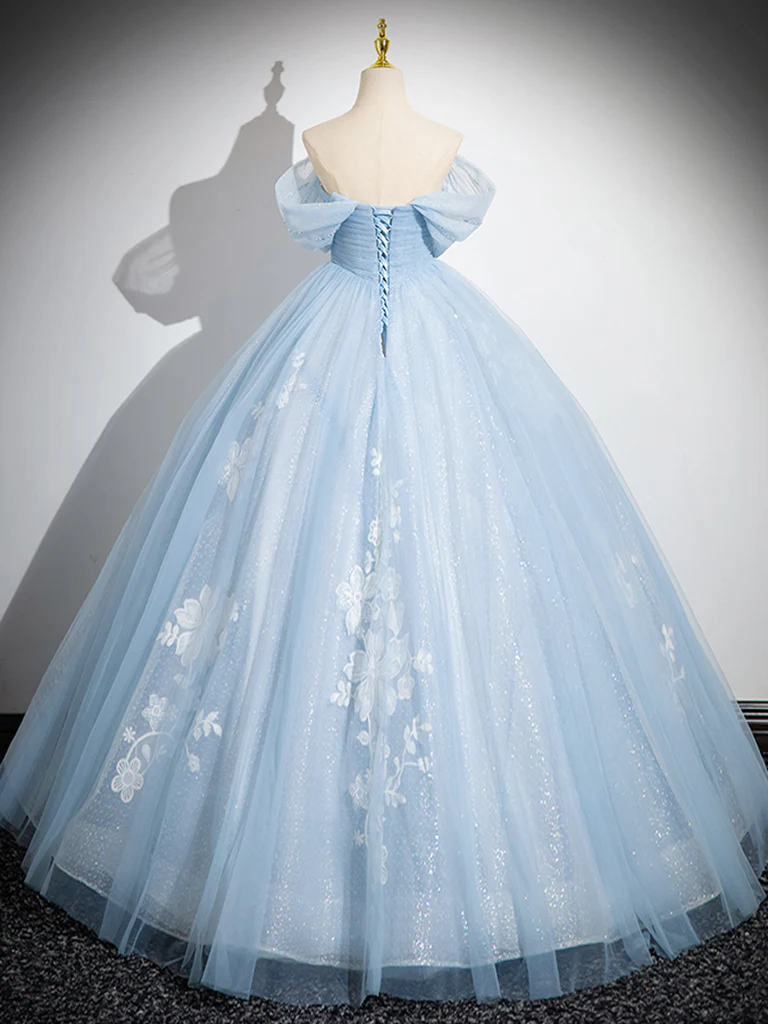 A-Line Tulle Lace Blue Long Prom Dress, Off Shoulder Blue Long Sweet 16 Dress - Deanwangkt