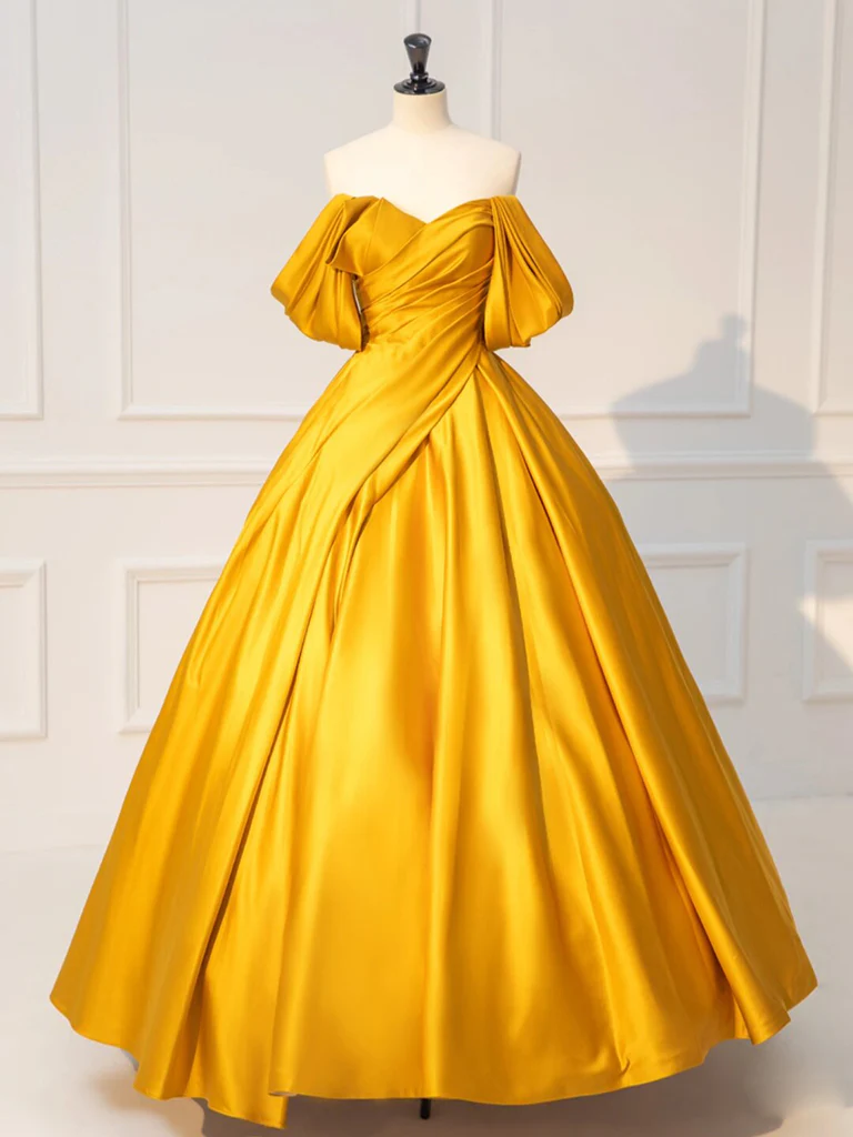 A-Line Off Shoulder Yellow Long Prom Dress, Yellow Satin Long Evening Dress - Deanwangkt