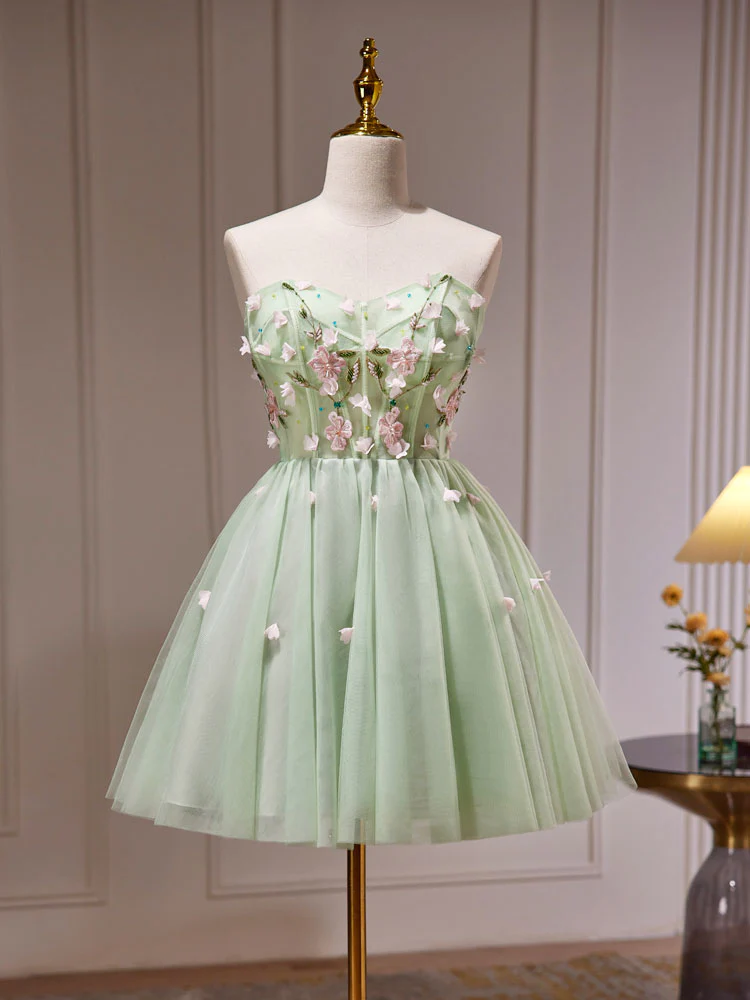 A- Line Sweetheart Neck Tulle Green Short Prom Dress, Green Homecoming Dresses - Deanwangkt