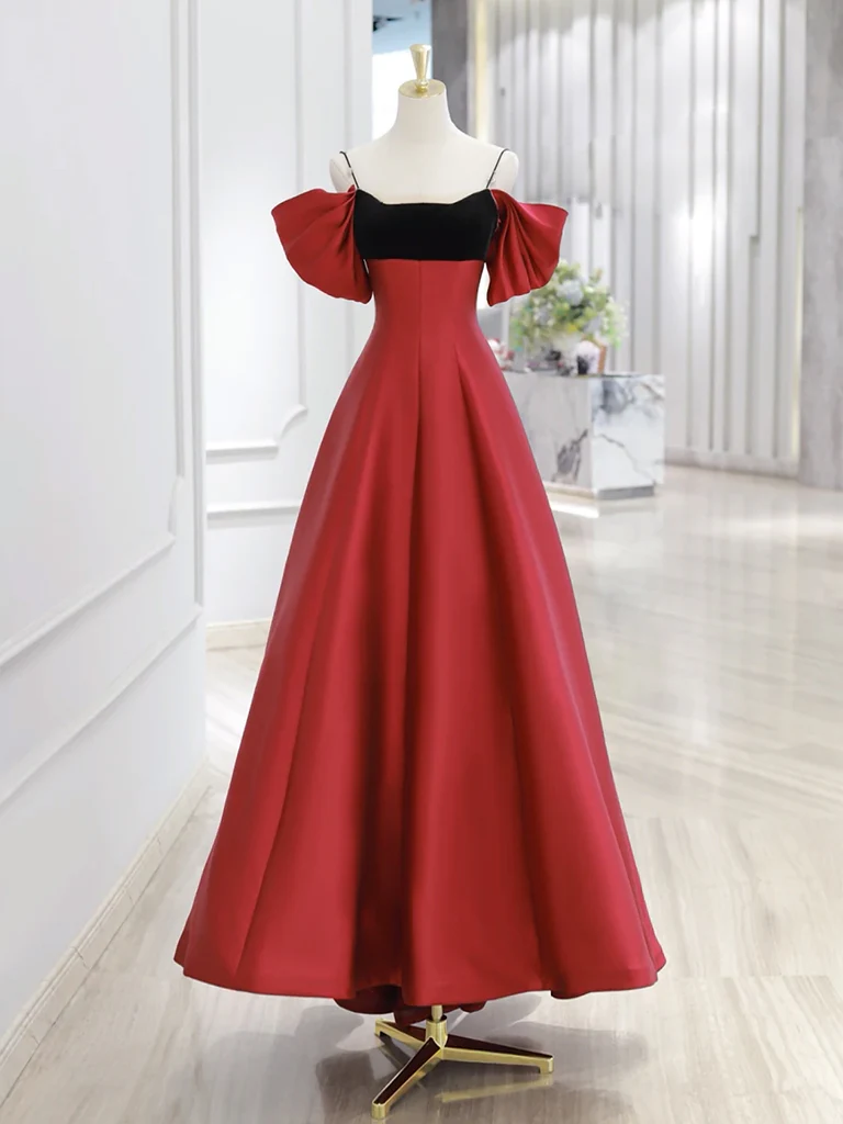 A-Line Off Shoulder Satin Dark Red Long Prom Dress, Red Long Formal Dress - Deanwangkt