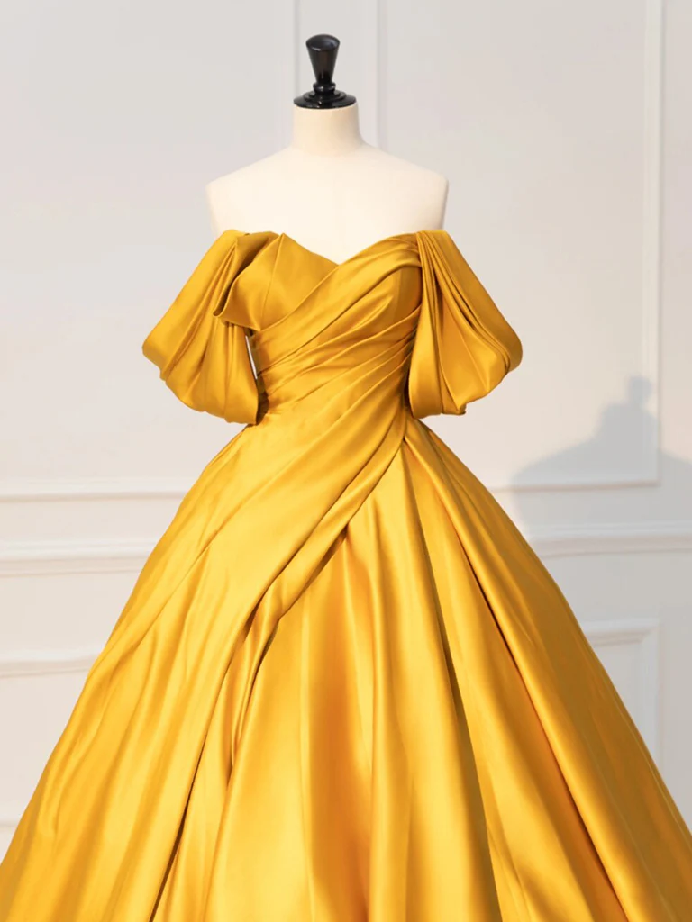 A-Line Off Shoulder Yellow Long Prom Dress, Yellow Satin Long Evening Dress - Deanwangkt