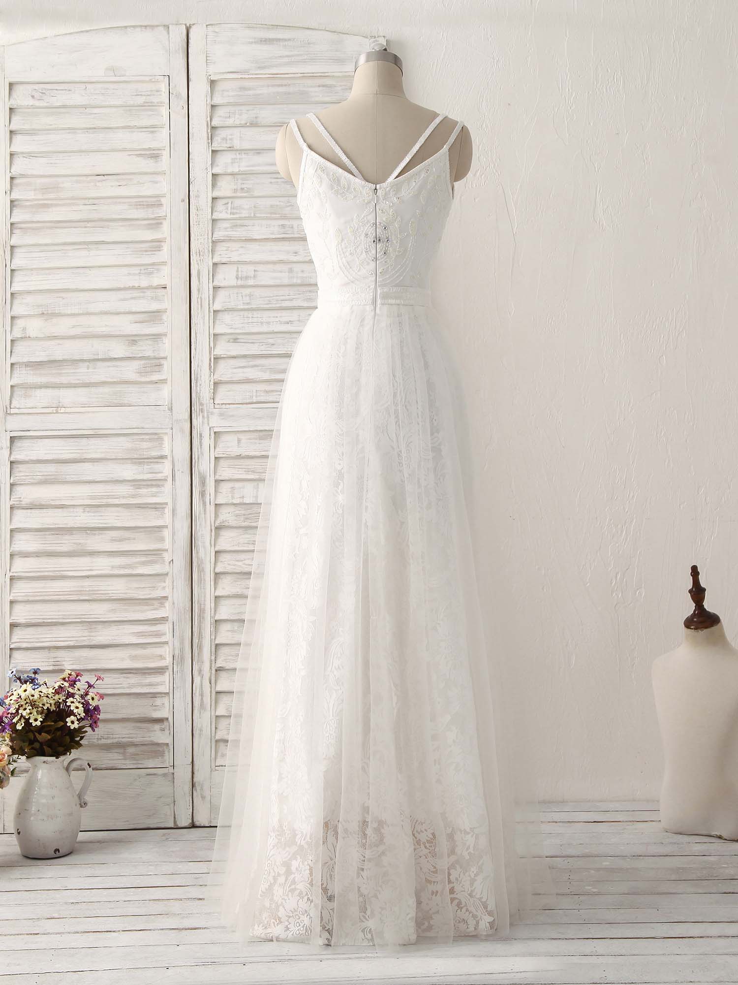 White V Neck Tulle Lace Long Prom Dress White Evening Dress - Deanwangkt