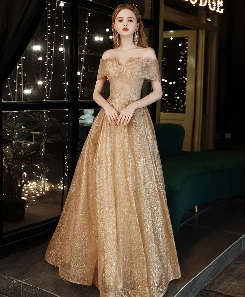 Gold Tulle Sequin Off Shoulder Long Prom Dress, Gold Formal Evening Dresses - Deanwangkt
