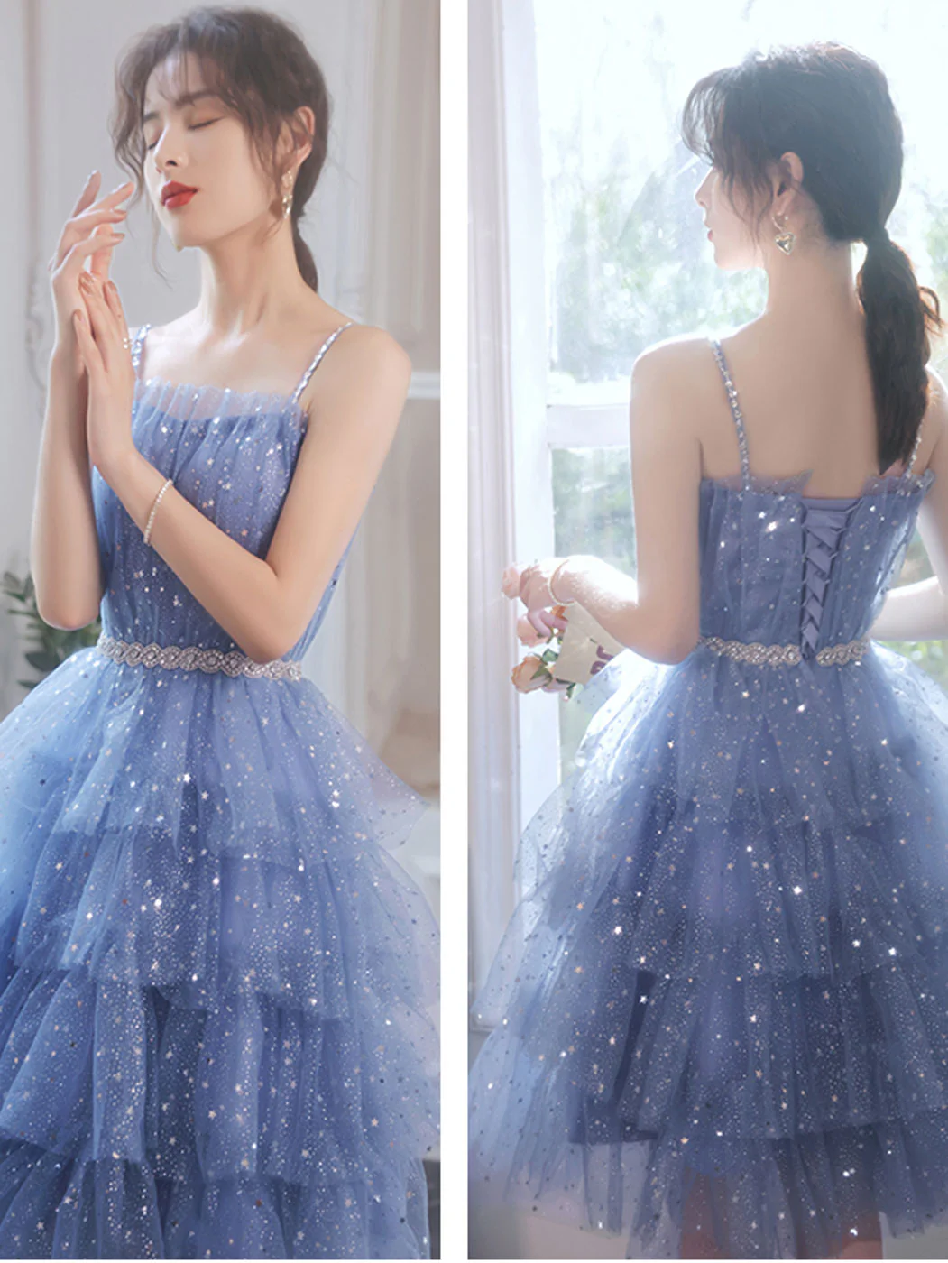 Short Puffy Blue Prom Dress, Tulle Short Blue Puffy Homecoming Dress - Deanwangkt