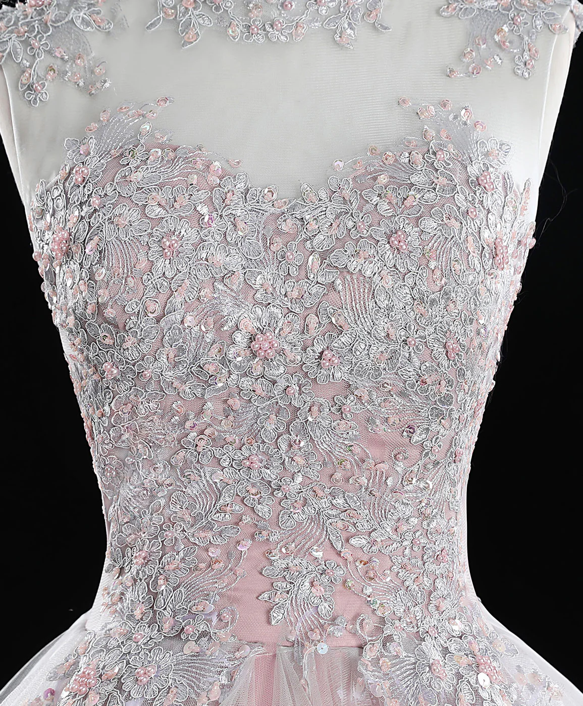 Pink High Neck Tulle Lace Long Sweet 16 Dress Tulle Lace Pink Prom Dress - Deanwangkt