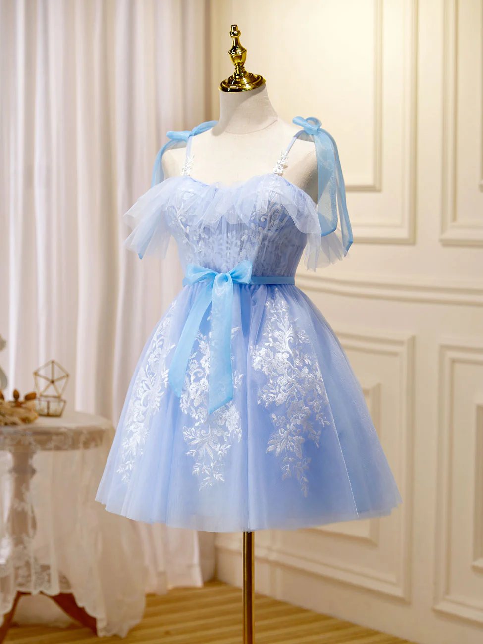 Blue Short Prom Dress, Puffy Cute Blue Homecoming Dress with Lace - Deanwangkt
