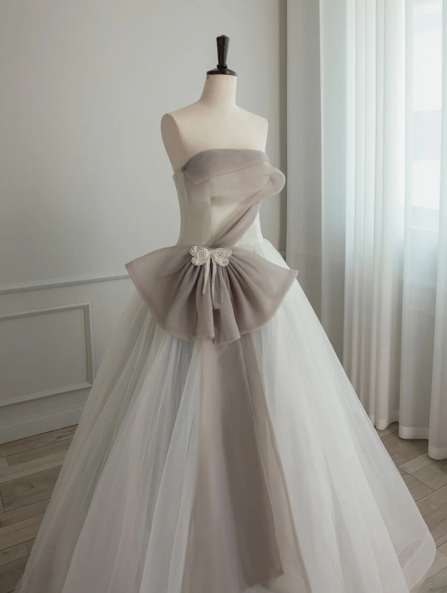 A-Line Tulle White Long Prom Dress, White Formal Party Dress - Deanwangkt
