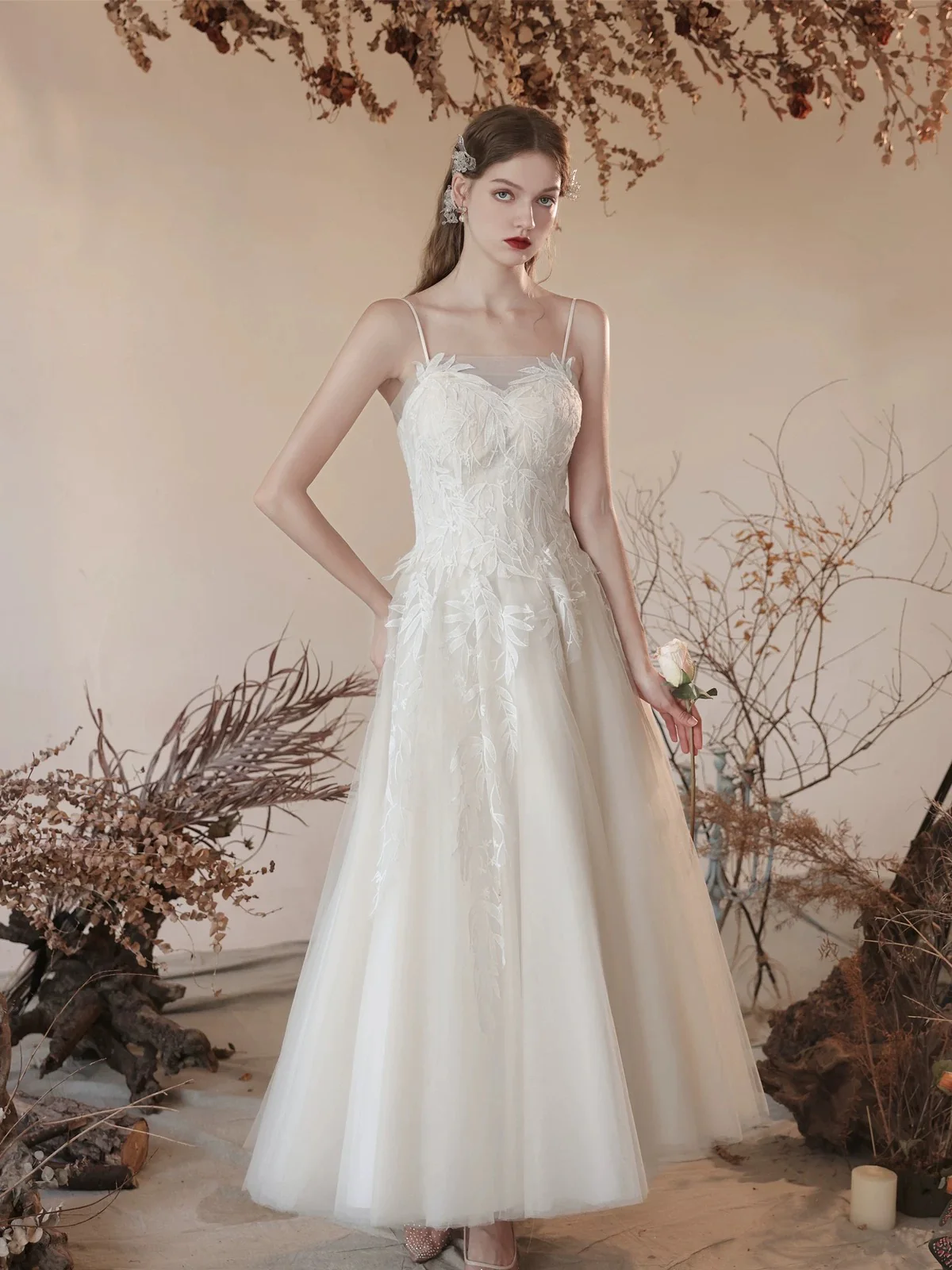 A-Line Tulle Lace Tea Length White Prom Dress, White Long Formal Dreess - Deanwangkt
