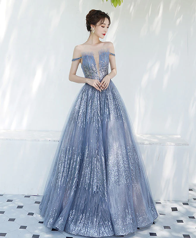 Blue Tulle Sequin Off Shoulder Long Prom Dress Tulle Evening Dress - Deanwangkt