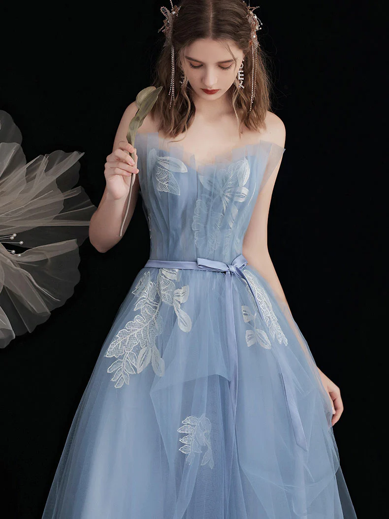 Blue Tulle Lace Tea Length Prom Dress, Lace Tulle Formal Dress - Deanwangkt