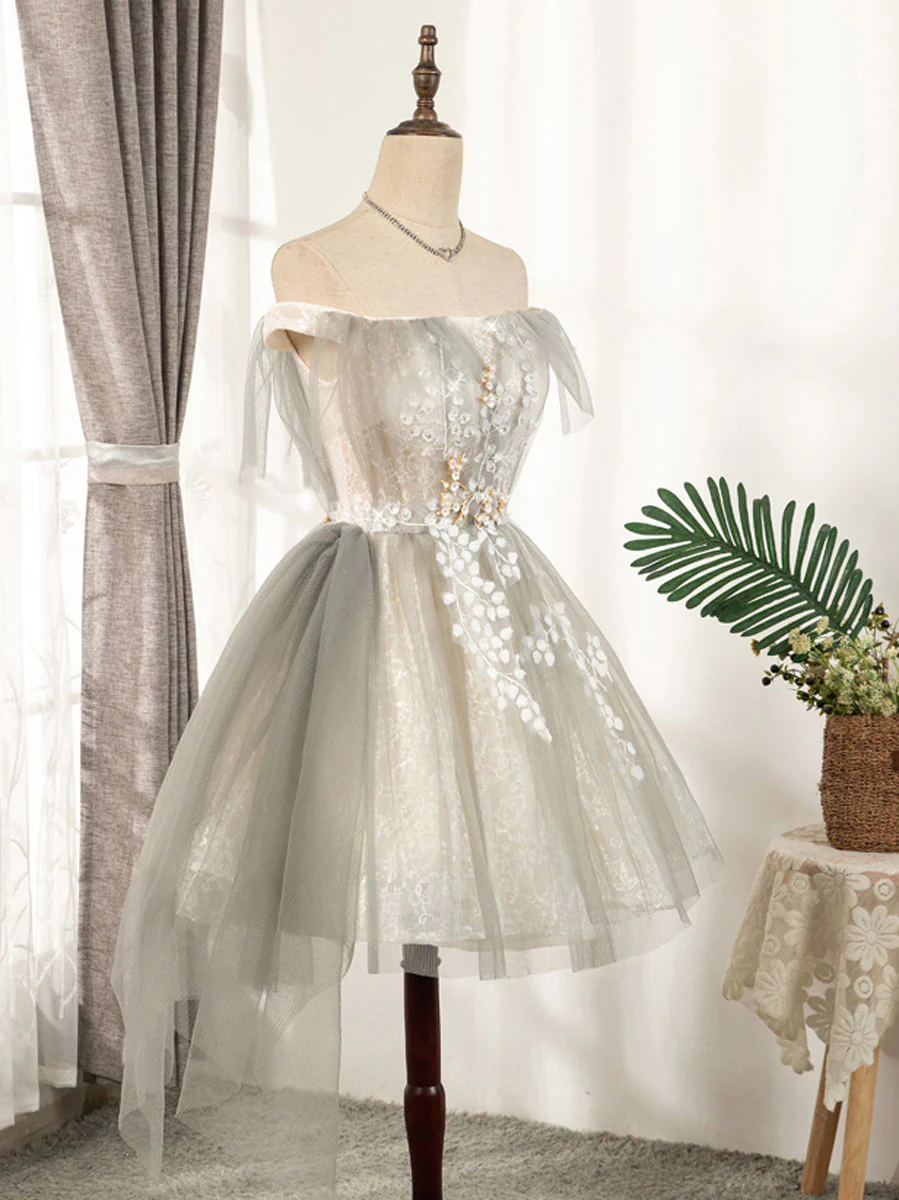 Cute Gray Tulle Lace Short Prom Dress, Gray Tulle Puffy Homecoming Dress - Deanwangkt