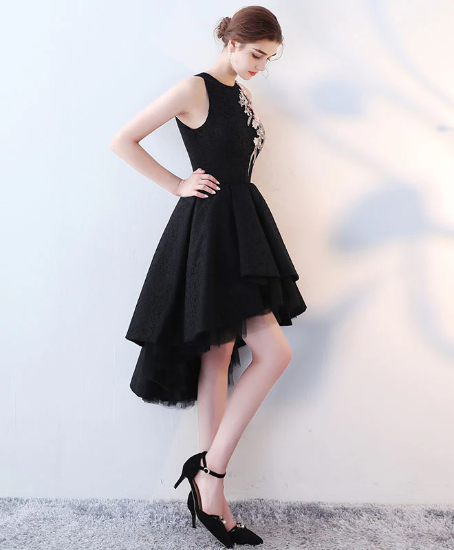 Cute Black High Low Prom Dress, Short Evening Dress - Deanwangkt