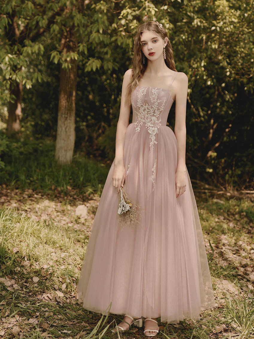 Pink Tulle Lace Tea Length Prom Dress, Lace Evening Dress - Deanwangkt