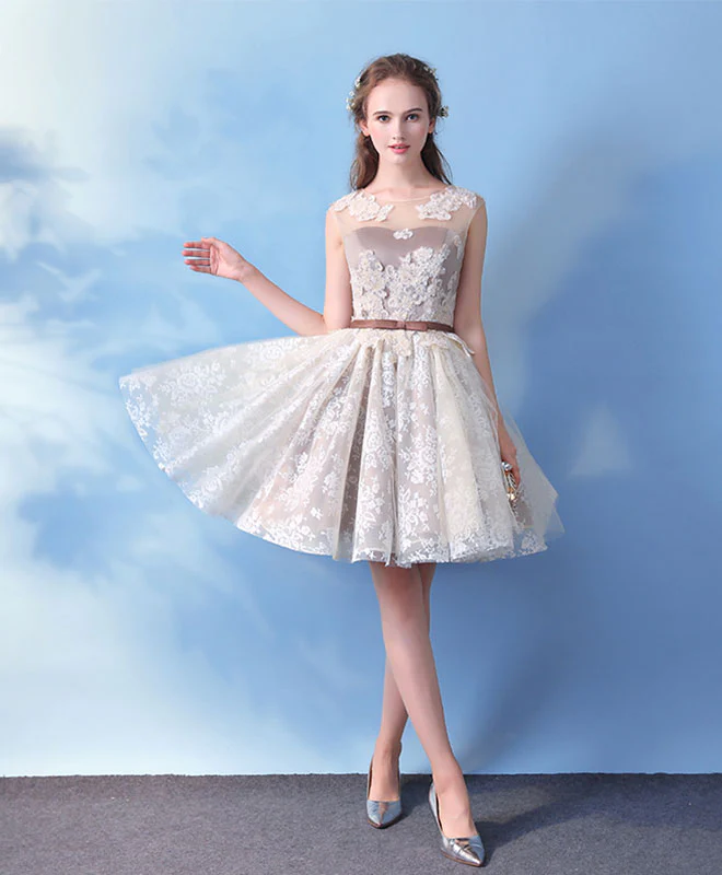 Cute Round Neck Champagne Lace Short Prom Dress, Lace Evening Dress - Deanwangkt