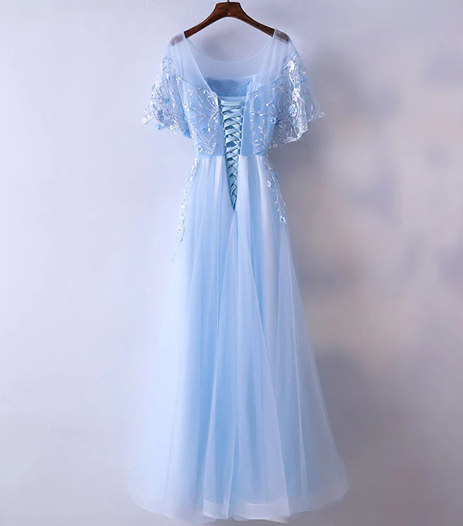 Light Blue Tulle Lace Long Prom Dress, Blue Lace Graduation Dress - Deanwangkt