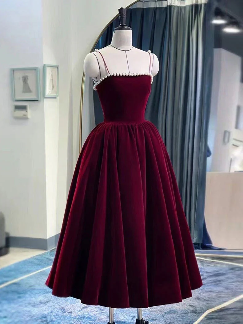 Simple burgundy tea length prom dress, burgundy homecoming dress - Deanwangkt