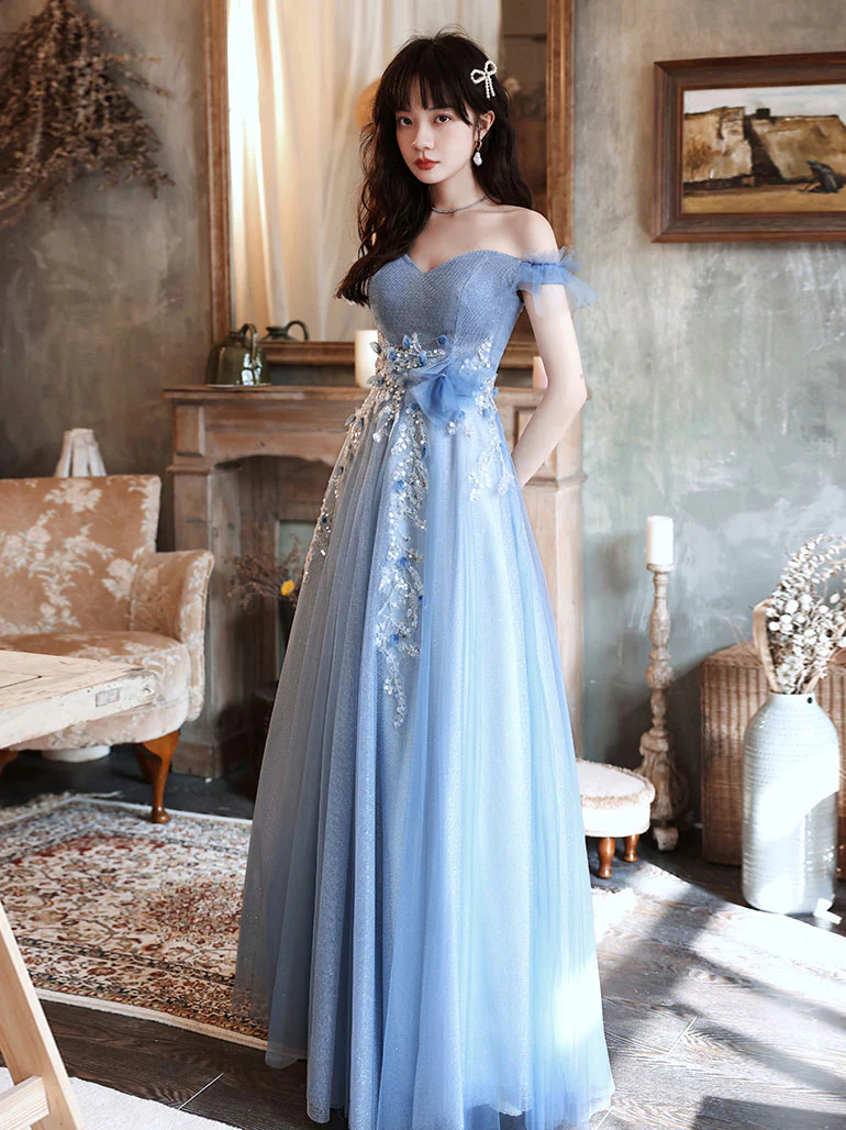 Blue Off Shoulder Tulle Long Prom Dress, Blue Tulle Formal Dress With Beading - Deanwangkt