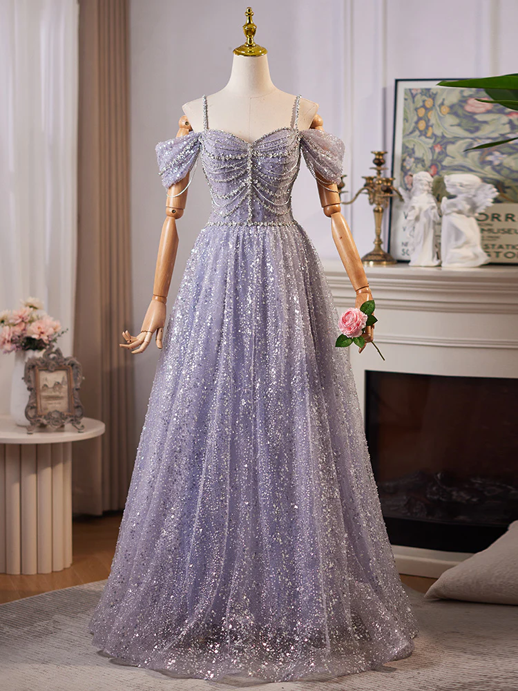 A-Line Off Shoulder Tulle Sequin Blue Long Prom Dress, Tulle Sequin Evening Dress - Deanwangkt