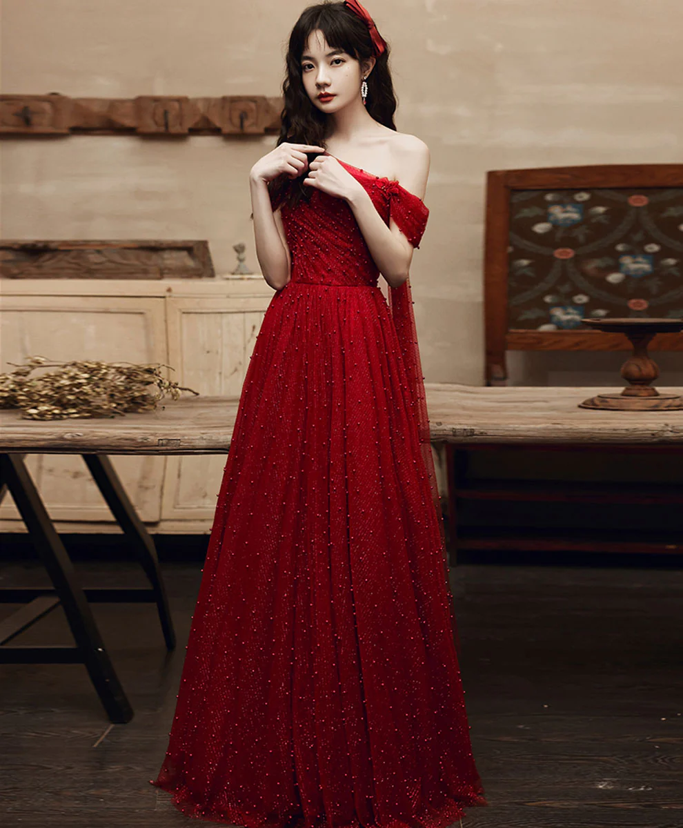 Burgundy One Shoulder Long Prom Dress, Burgundy Formal Graduation Dress - Deanwangkt