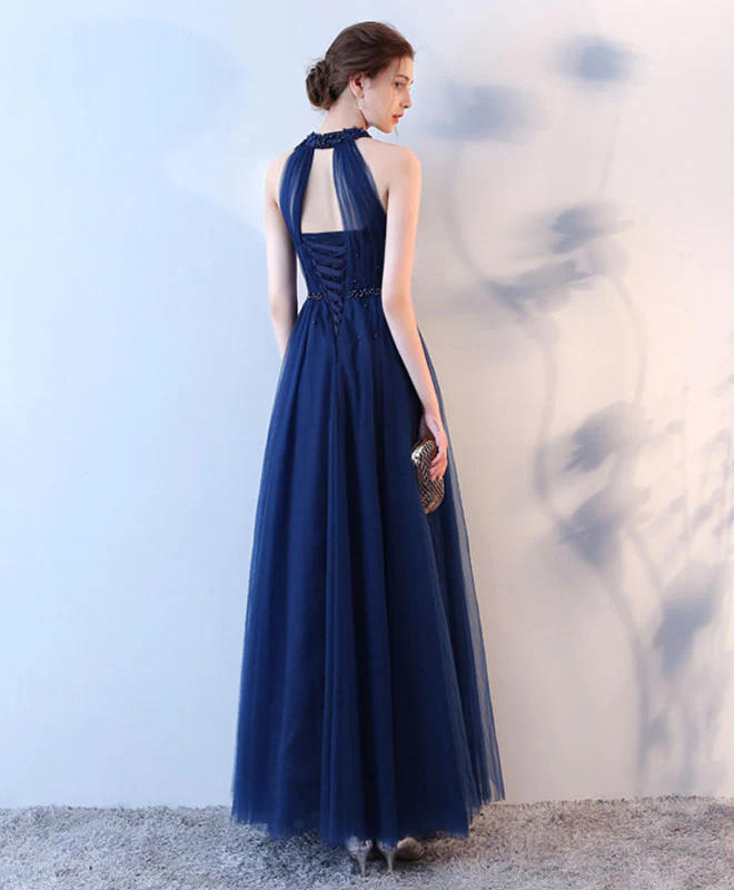 Blue Halter Tulle Long Prom Dress, Blue Evening Dress - Deanwangkt