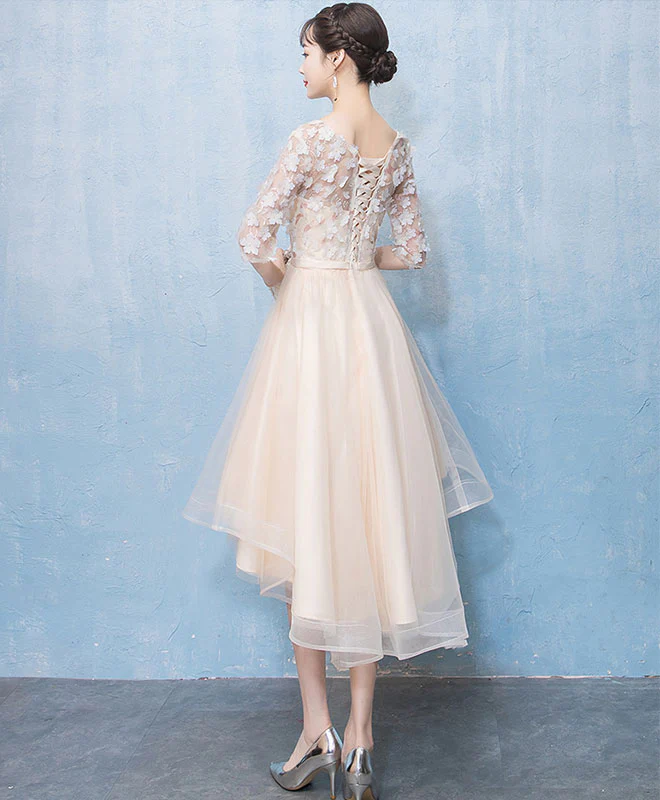 Light Champagne Tulle Lace High Low Prom Dress Lace Homecoming Dress - Deanwangkt