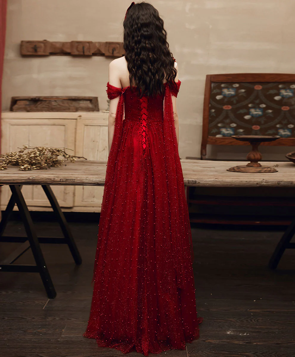 Burgundy One Shoulder Long Prom Dress, Burgundy Formal Graduation Dress - Deanwangkt