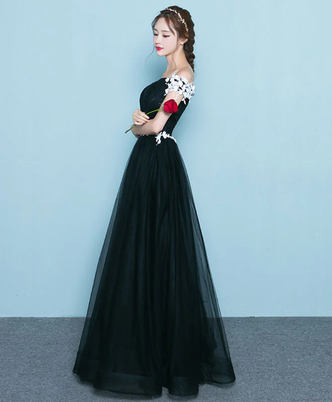 Cute Black Long Prom Dress, Lace Evening Dress - Deanwangkt