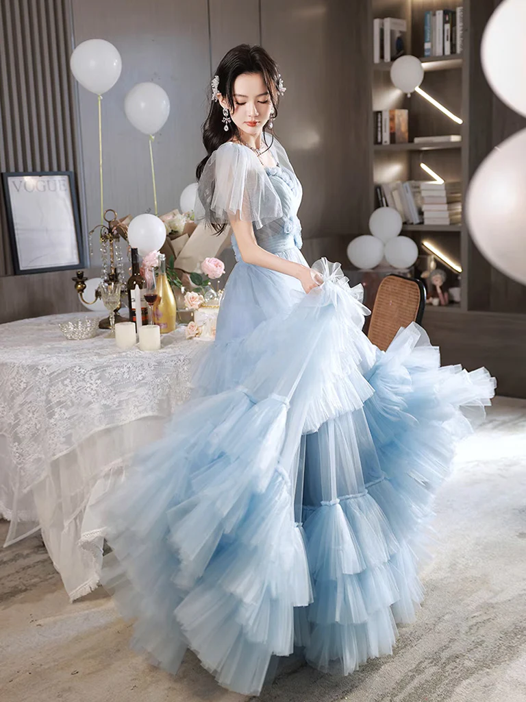 A-Line Tulle Blue Long Prom Dress, Blue Tulle Long Evening Formal Dress - Deanwangkt
