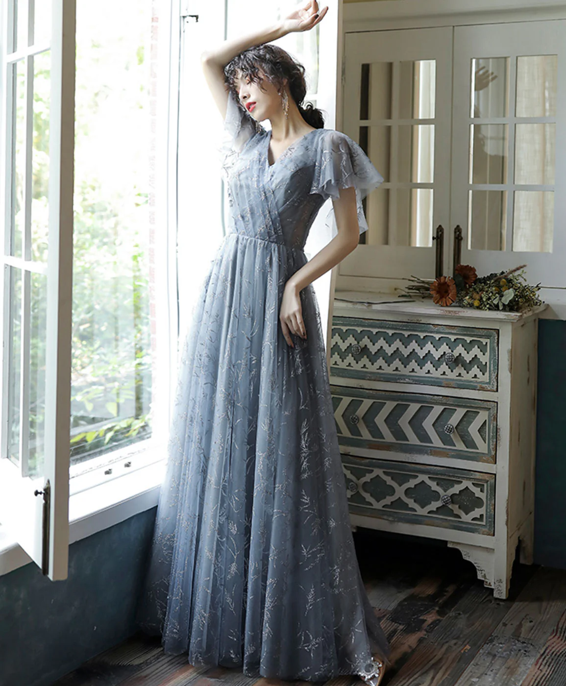 Gray Blue V Neck A-Line Tulle Long Prom Dress Gray Blue Tulle Formal Dress - Deanwangkt