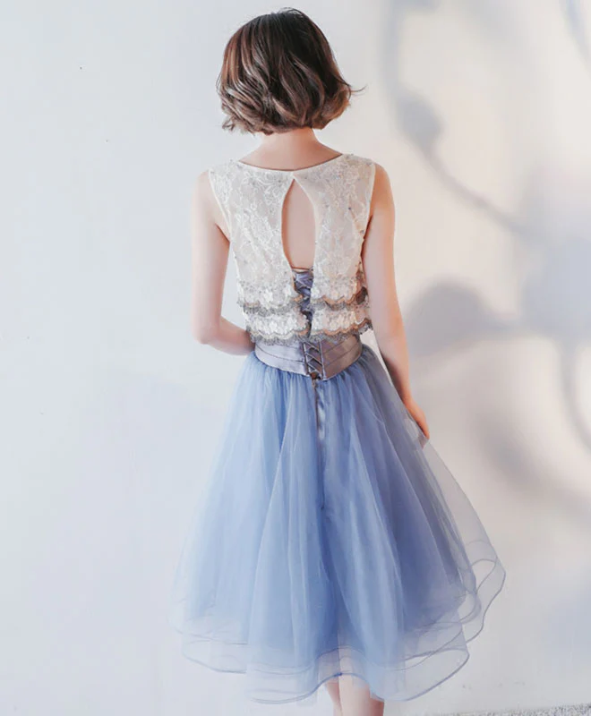 Blue Lace Tulle Knee Length Prom Dress, Blue Lace Homecoming Dress - Deanwangkt