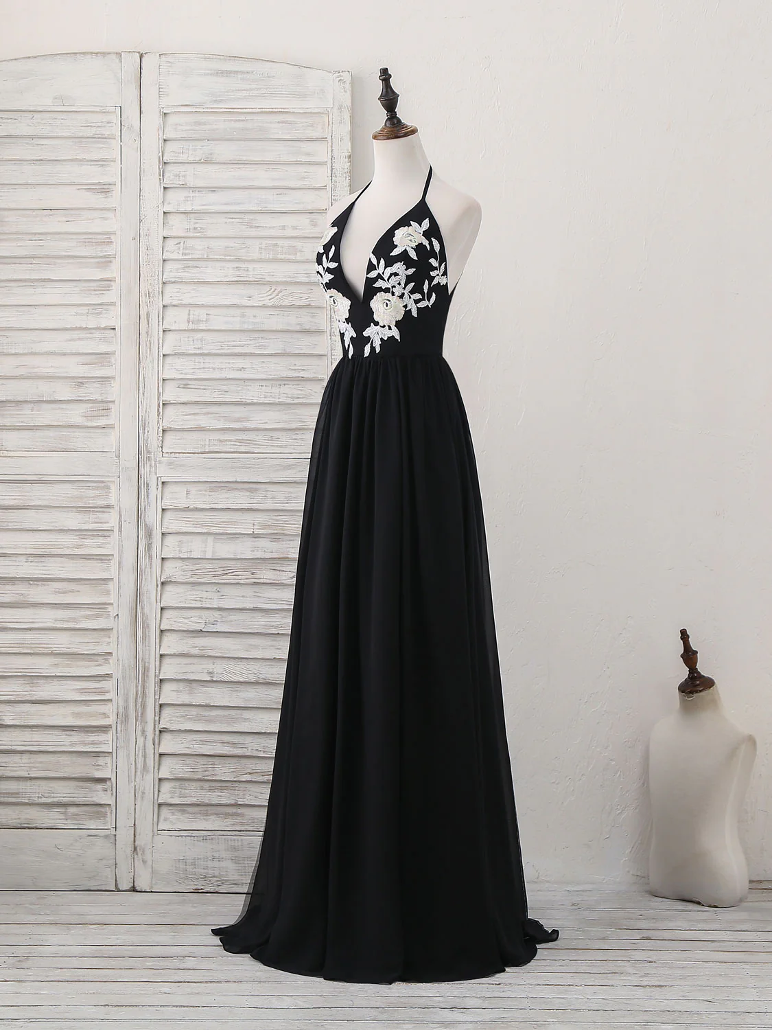 Black V Neck Chiffon Lace Long Prom Dress Black Evening Dress - Deanwangkt