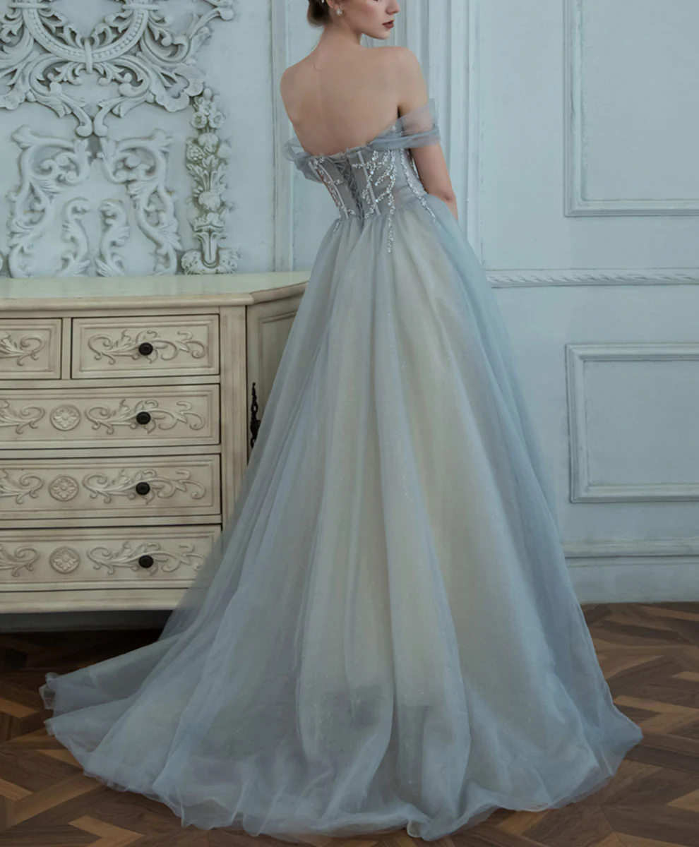 Gray Blue Long Prom Dress, Gray Blue Graduation Formal Dress with Beading - Deanwangkt