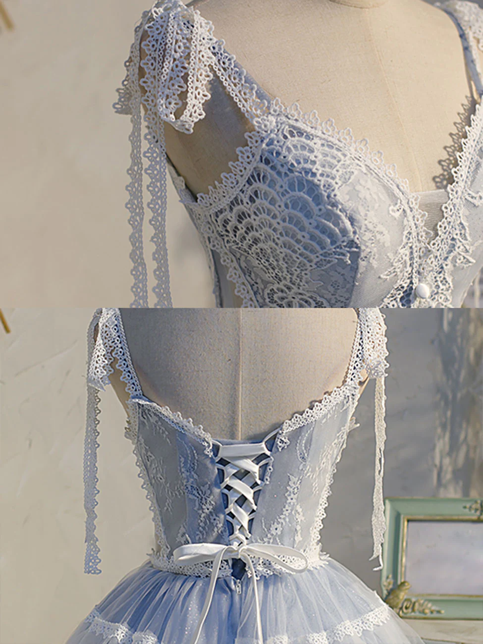 A Line V Neck Lace Blue Short Prom Dresses, Blue Puffy Homecoming Dresses - Deanwangkt