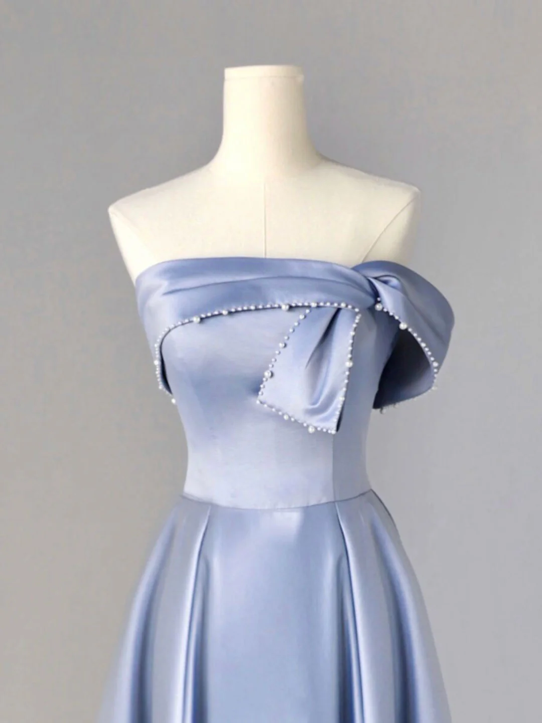 A-Line Blue Satin Long Prom Dresses, Blue Formal Evening Dresses - Deanwangkt