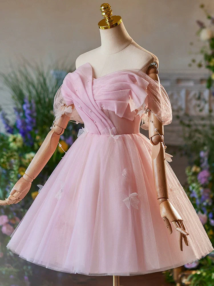 A-Line Off Shoulder Tulle Pink Short Prom Dress, Pink Homecoming Dress - Deanwangkt