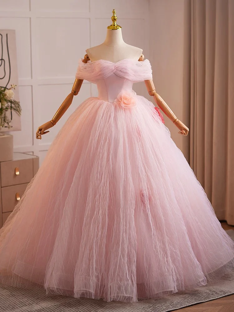 A-Line Off Shoulder Tulle Pink Long Prom Dress, Pink Tulle Long Sweet 16 Dress - Deanwangkt