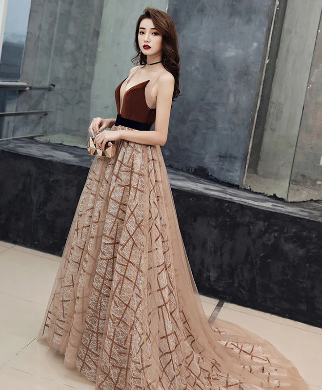 Champagne V Neck Tulle Long Prom Dress Tulle Evening Dress - Deanwangkt