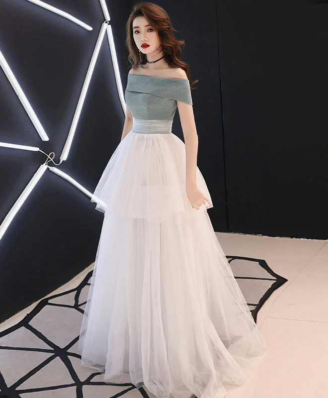 White Tulle Long Prom Dress, White Tulle Formal Dress - Deanwangkt