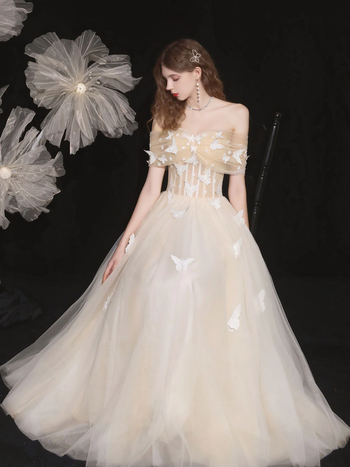 Champagne Tulle Lace Applique Long Prom Dress, Tulle Lace Evening Dress - Deanwangkt