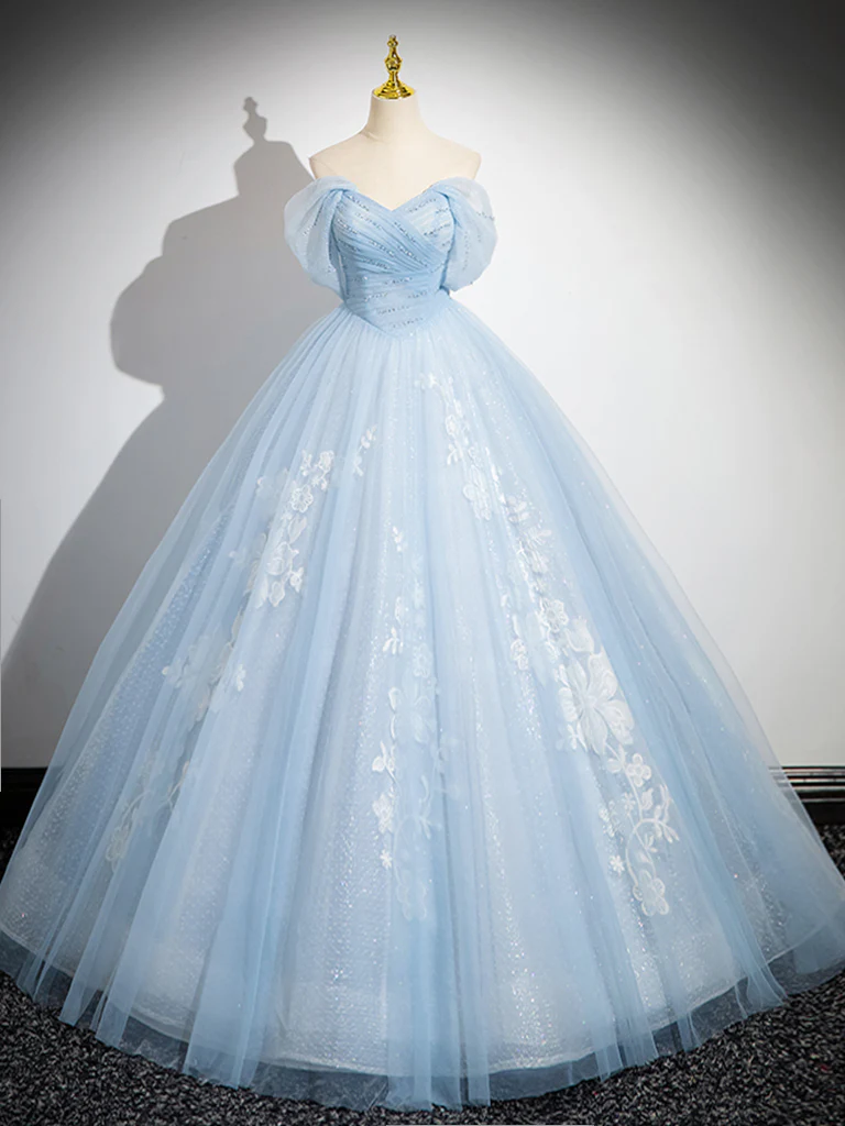 A-Line Tulle Lace Blue Long Prom Dress, Off Shoulder Blue Long Sweet 16 Dress - Deanwangkt
